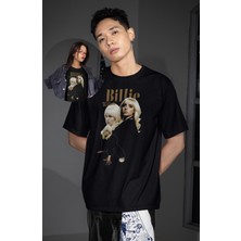 Unisex Billie Eilish Yazılı Tişört, Oversize Müzik Temalı Bisiklet Yaka T-Shirt