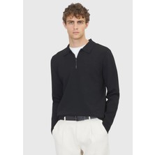 Siyah Polo Yaka Düz Örgü Triko Kazak