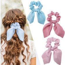 3'lü Fular Scrunchie Fularlı Fiyonk Lastik Toka - Yeni Sezon Kadın Fularlı Lastik Saç Tokası Renk-3