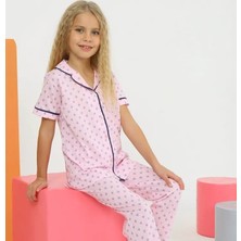 Minykids Pembe Kısa Kollu Önden Düğmeli %100 Pamuklu Kız Çocuk Pijama Takım