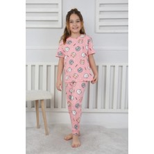 Minykids Kedi Desen Pembe Kısa Kollu %100 Pamuklu Kız Çocuk Pijama Takım