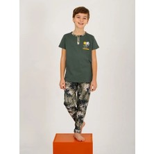 Minykids Yeşil Palmiye Desen Kısa Kollu %100 Pamuklu Erkek Çocuk Pijama Takım