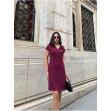Polo Yaka Cepli Önü Çımalı Bordo Elbise