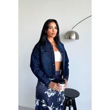 Hlt Jeans Kadın Koyu Mavi Jean Denim Regular Fit Cepli Düğmeli Kot Ceket %74.5 Pamuk
