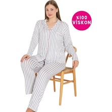 Kadın Büyük Beden Viskon Önden Düğmeli Gömlek Yaka Göğüs Cepli Uzun Kol Mevsimlik Pijama Takımı