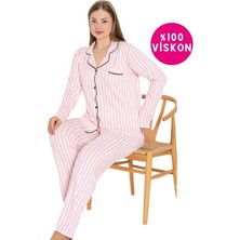 Kadın Büyük Beden Viskon Önden Düğmeli Gömlek Yaka Göğüs Cepli Uzun Kol Mevsimlik Pijama Takımı
