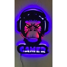 Bir2bir Hediyelik Ledli Gamer Maymun Ahşap Duvar Tablosu - Gamer Dekor - Yayıncı Dekoru