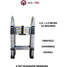 Has-Tec 190+190 cm (Toplam 380 Cm) – 6+6 Basamaklı A Tipi Teleskopik / Teleskobik Katlanır Alüminyum Uzayan Merdiven – Kaymaz, Hafif, Dayanıklı, 150 kg Taşıma, EN131 Güvenlik Standartlı, Taşınabilir