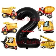 Parti Station Inşaat Araçları Konsept Doğum Günü 2 Yaş Balon Set Mini Boy Kepçe Dozer Mikser Kamyon Forklift Balon