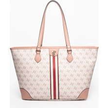 Silver & Polo Silver Polo Pembe - Somon Şeritli Monogram Kadın Omuz Çantası SP1169