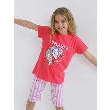 Minykids Unicorn Desen Koyu Pembe Kapri %100 Pamuklu Kız Çocuk Pijama Takım