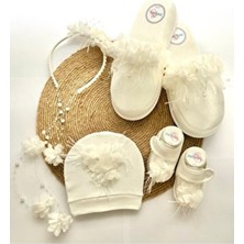 İrembaby Anne Bebek Lohusa Seti Beyaz Çiçekli Incili Lohusa Tacı Terliği Bebek Ayakkabısı ve Şapkası Takımı