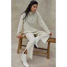 Hiccup Kadın Fermuarlı Yakalı Yüksek Bel Örgü Eşofman Fildişi Doğal