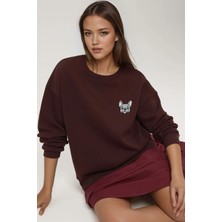 Hiccup Kadın Rahat Hayvan Nakışlı Şardonlu Bisiklet Yaka Hoodie Kestane Kahvesi