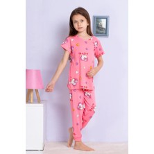 Minykids Kalp Desenli Fitilli Kumaş Pembe Pijama Takımı