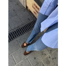 Leopar Çapraz Siyah Bantlı Tokalı Düz Babet