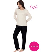 Bie's Kadın Ekru-Siyah Bisiklet Yaka Düğmesiz Viskon Mevsimlik Uzun Kol Cepli Pijama Takımı