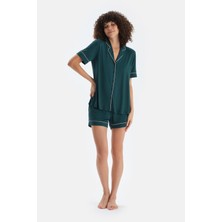 Koyu Yeşil Biye Detaylı Penye Modal Gömlek Şort Pijama Takımı