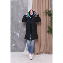 Kadın Siyah Astarlı Elyaflı Kapüşonlu Rüzgar Geçirmez Uzun Şişme Kışlık Mont