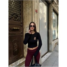 Bisiklet Yaka Siyah Uzun Kollu Teddy Baskılı Bluz