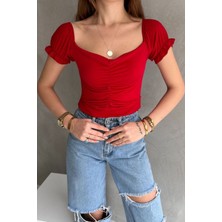 Önden Büzgülü Sırt Dekolteli Madonna Yaka Sandy Kumaş Bluz