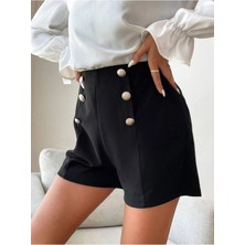 Kadın Siyah Scuba Krep Düğme Detaylı Şort