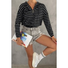 Kadın Kapüşonlu Yarım Fermuar Ince Çizgili Sweatshirt