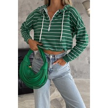 Kadın Kapüşonlu Yarım Fermuar Ince Çizgili Sweatshirt