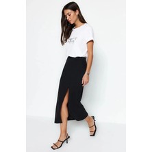 Smart Krep Yırtmaç Detaylı Maxi Yüksek Bel Esnek Örme Etek