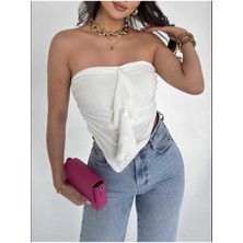 Asimetrik Büzgülü Straplez Sandy Kumaş Bluz