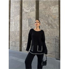 Ceket Yaka Cep Detay Oversize Hırka ve Yüksek Bel Geniş Paça Pantolon Alt Üst Triko Takım