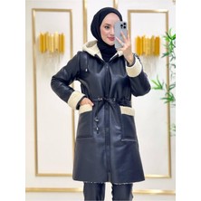 Içi Kürklü Kapşunlu Cep Detaylo Suni Deri Uzun Kaban