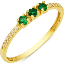 Yeşil Taşlı Tria 14 Ayar Altın Yüzük