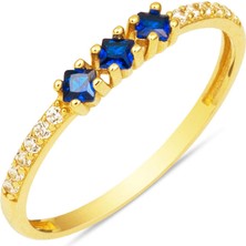 Lacivert Taşlı 14 Ayar Altın Tria Yüzük