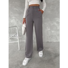 Yüksek Bel Düğme Kapamalı Likralı Pileli Palazzo Örme Pantolon