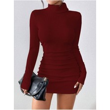 Kaşkorse Balıkçı Yaka Büzgülü Bordo Mini Elbise