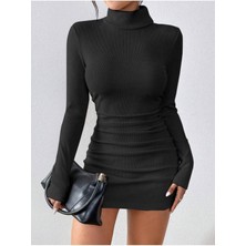 Kaşkorse Balıkçı Yaka Büzgülü Siyah Mini Elbise