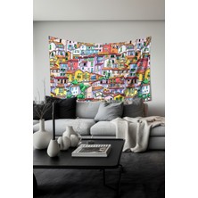 Renkli Evler Desenli Duvar Halısı Duvar Örtüsü Tapestry Süet Dokulu Kumaş