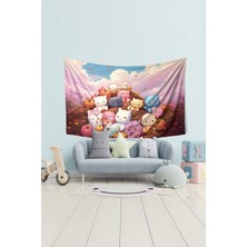 Sevimli Minik Kediler Desenli Duvar Halısı Duvar Örtüsü Çocuk Odası Tapestry Süet Dokulu Kumaş