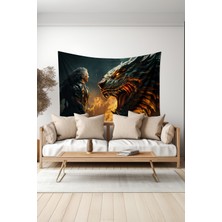 Ejderha ve Savaşçı Desenli Duvar Halısı Duvar Örtüsü Tapestry Süet Dokulu Kumaş