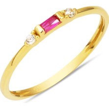 Kırmızı Bagetli 14 Ayar Altın Minimal Yüzük