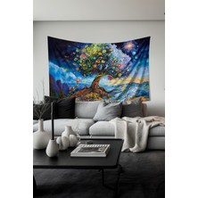 Kozmik Yaşam Ağacı Desenli Duvar Halısı Duvar Örtüsü Tapestry Süet Dokulu Kumaş