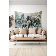 Fil Ailesi ve Tapınak Desenli Duvar Halısı Duvar Örtüsü Tapestry Süet Dokulu Kumaş