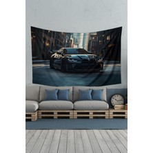 Siyah Spor Araba Desenli Duvar Halısı Duvar Örtüsü Tapestry Süet Dokulu Kumaş