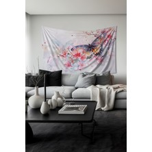 Pembe Çiçek ve Kelebek Desenli Duvar Halısı Duvar Örtüsü Tapestry Süet Dokulu Kumaş