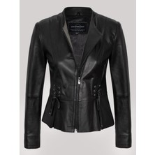 Hakiki Deri Siyah Bel Ip Detaylı Fermuarlı Kadın Deri Ceket