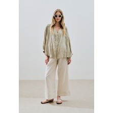 Keten Crush Düğmeli Bluz Yeşil