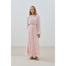Piliseli Şifon Elbise Pudra