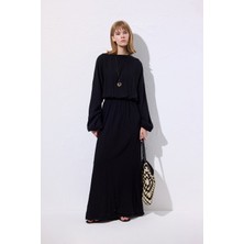 Müslin Beli Büzgülü Elbise Siyah