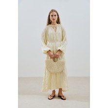 Yakası Büzgülü Keten Geniş Elbise Sarı